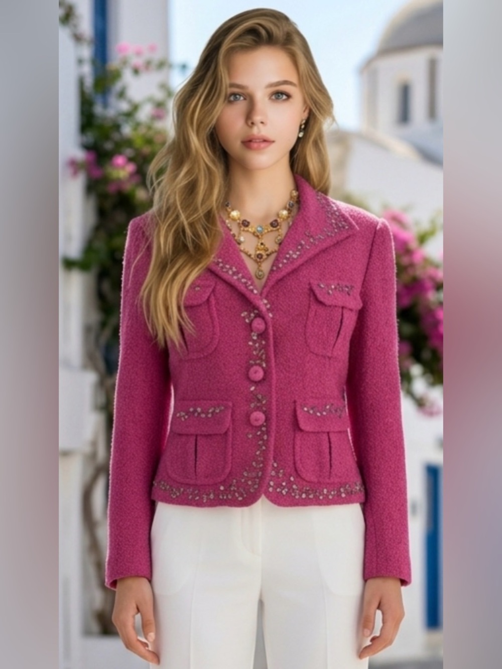 Women's Pink Tweed Embellished rhinestone Button Blazer